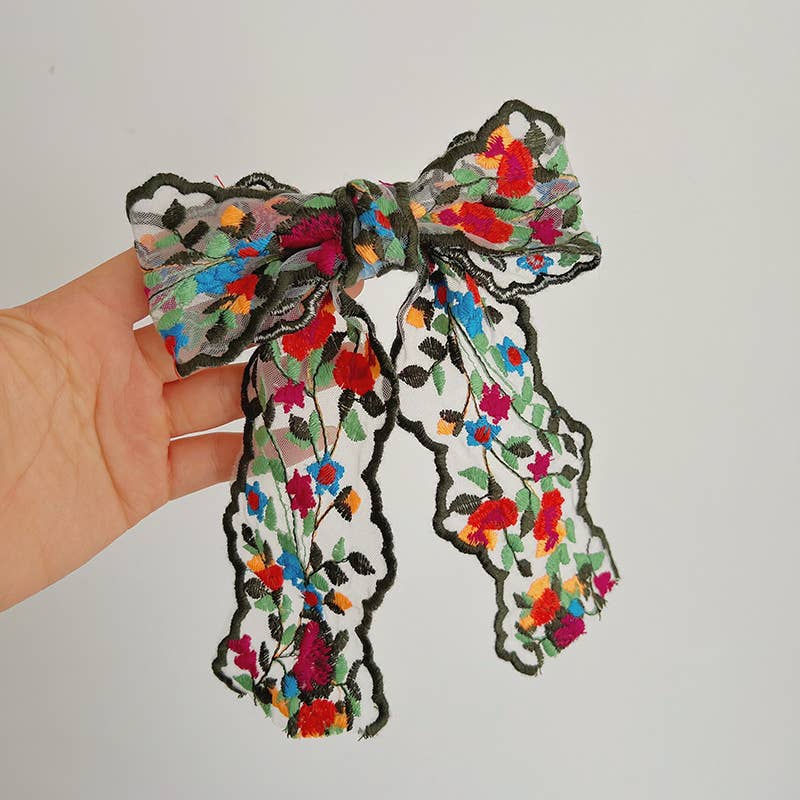 Floral Embroidered Bow Clip