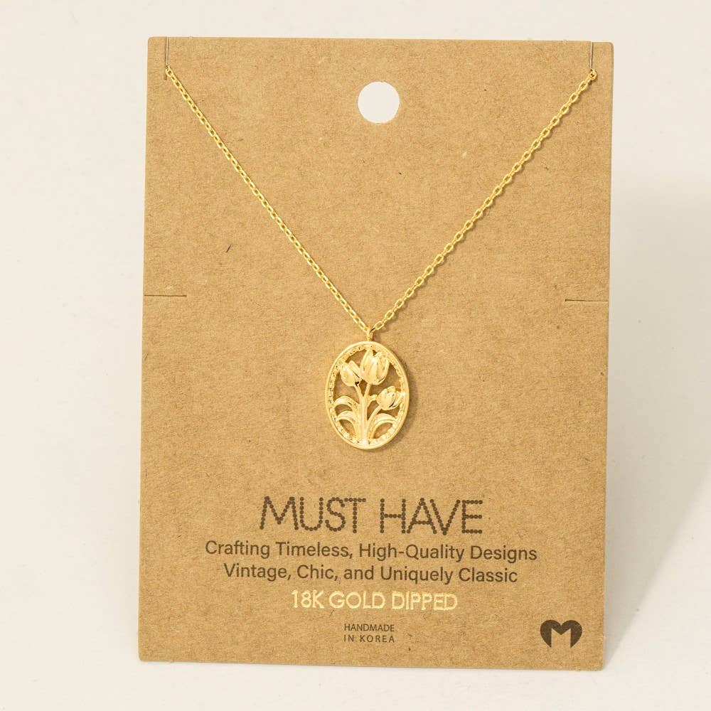 Gold Dipped Oval Tulip Coin Pendant Necklace - Proper