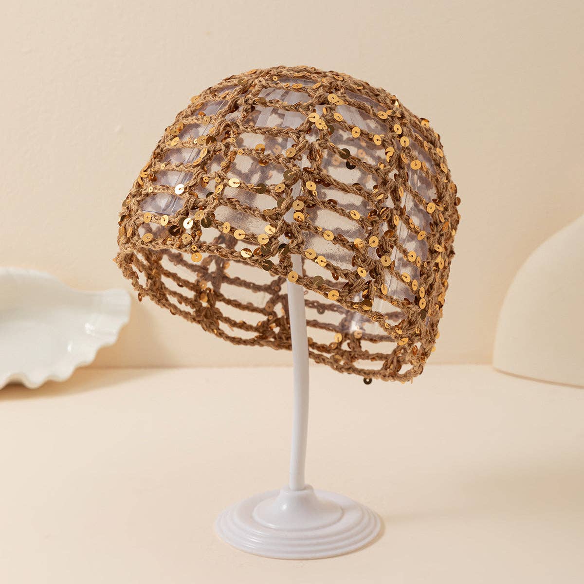 Glitter Sequin Hollow Out Crochet Slouchy Hat 8BK6HAT63 - Proper