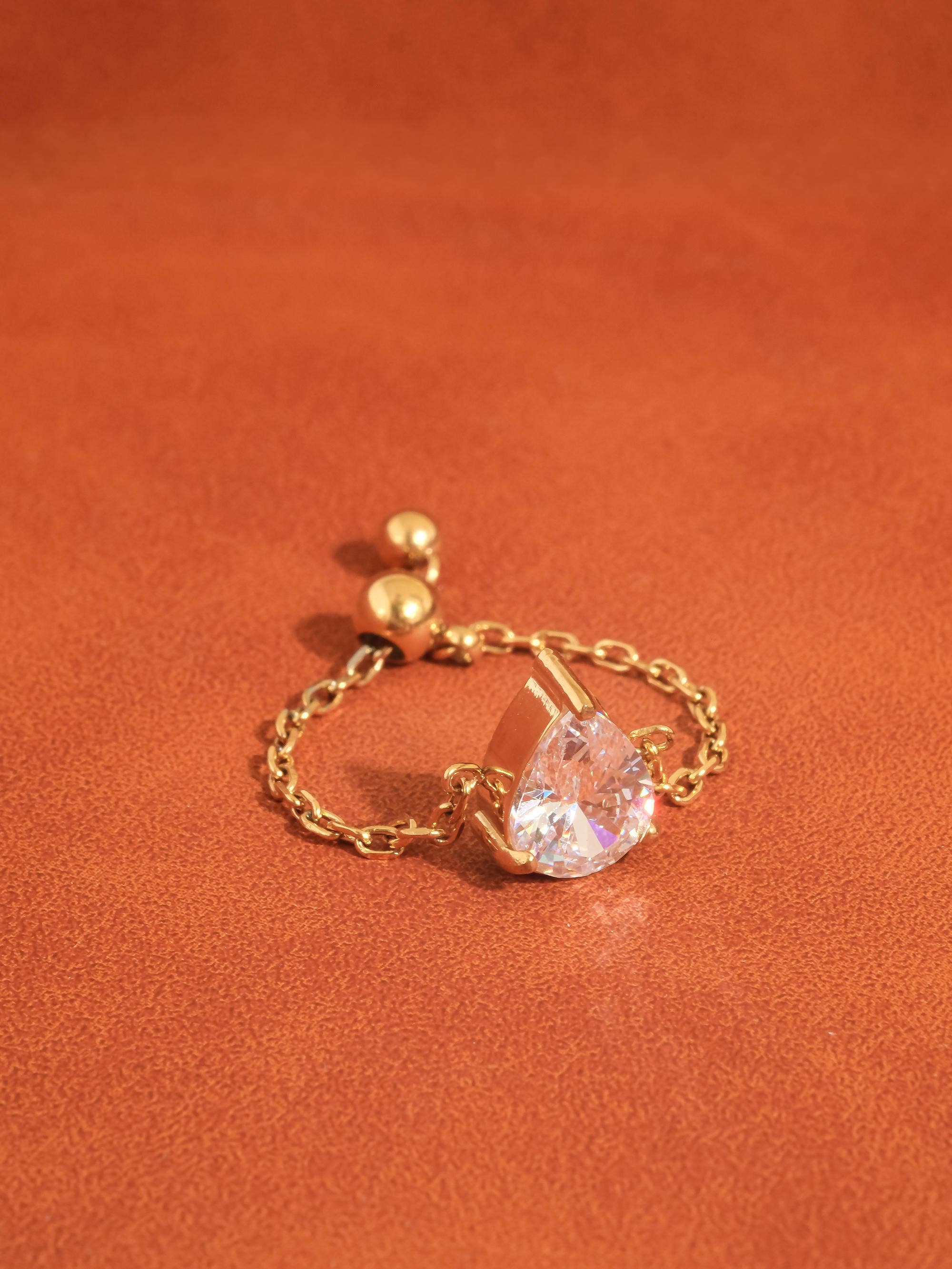 Alora 18K Gold Non-Tarnish Pear CZ Adjustable Chain Ring - Proper