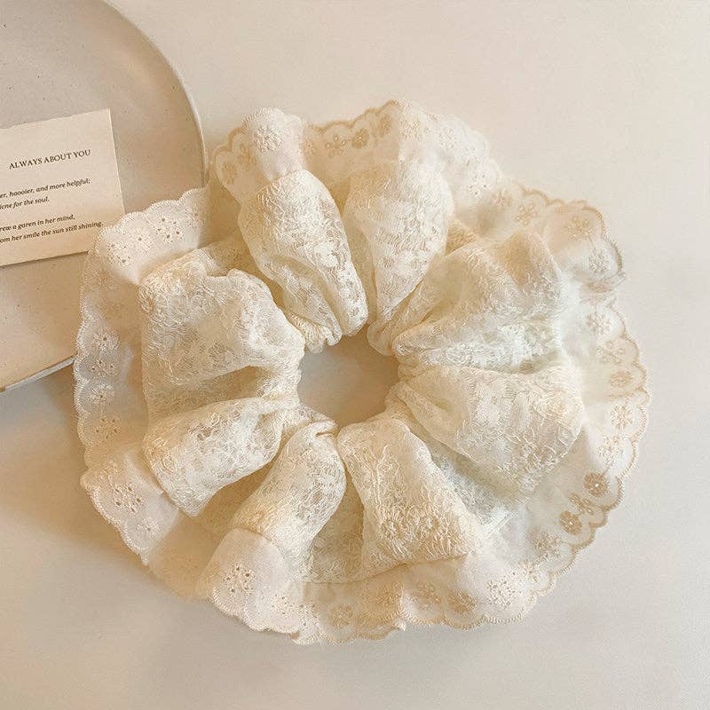 Beige Sweet Scalloped Embroidery Lace Scrunchies 8BK6HSR10 - Proper