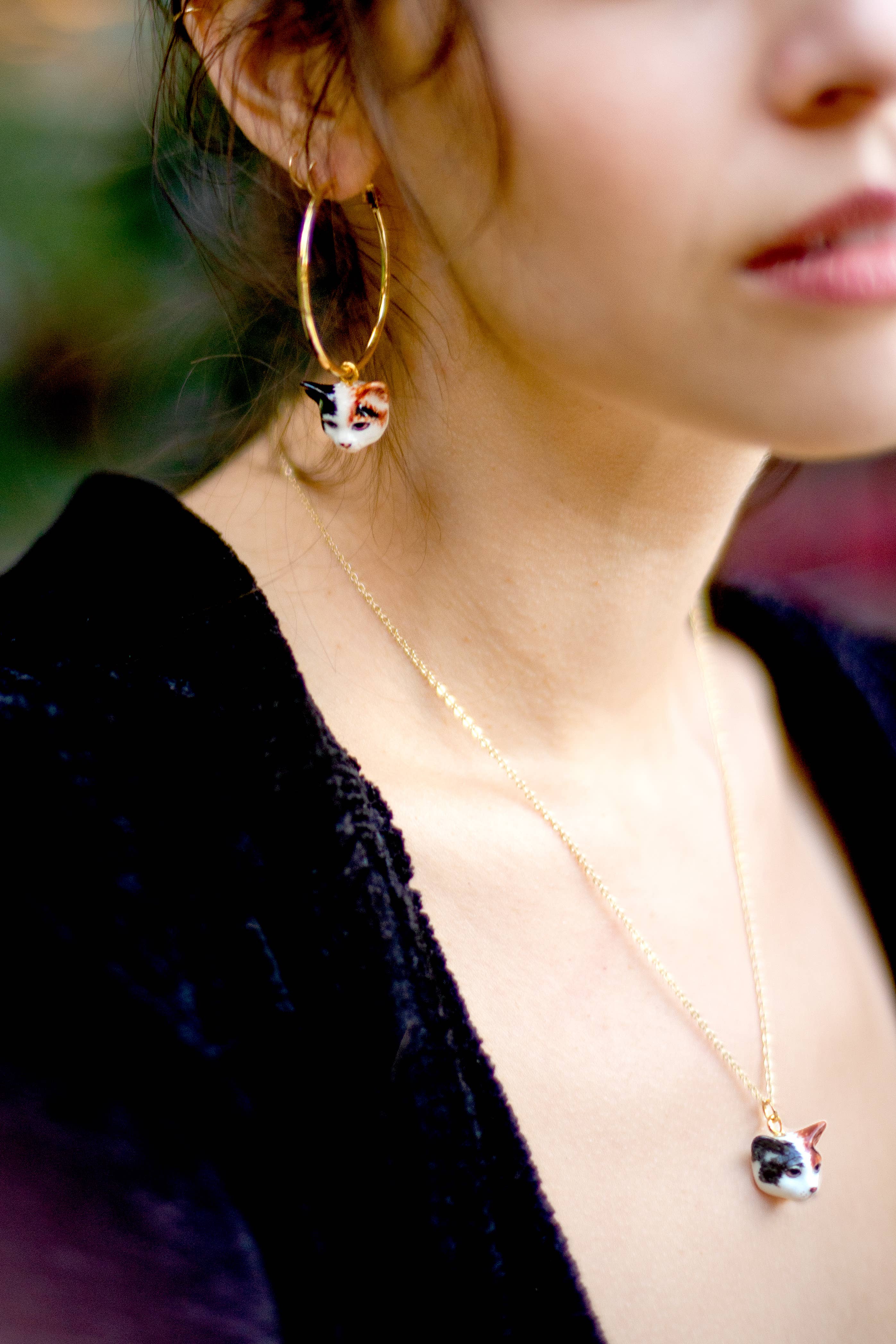 Tiny Calico Cat Head Necklace