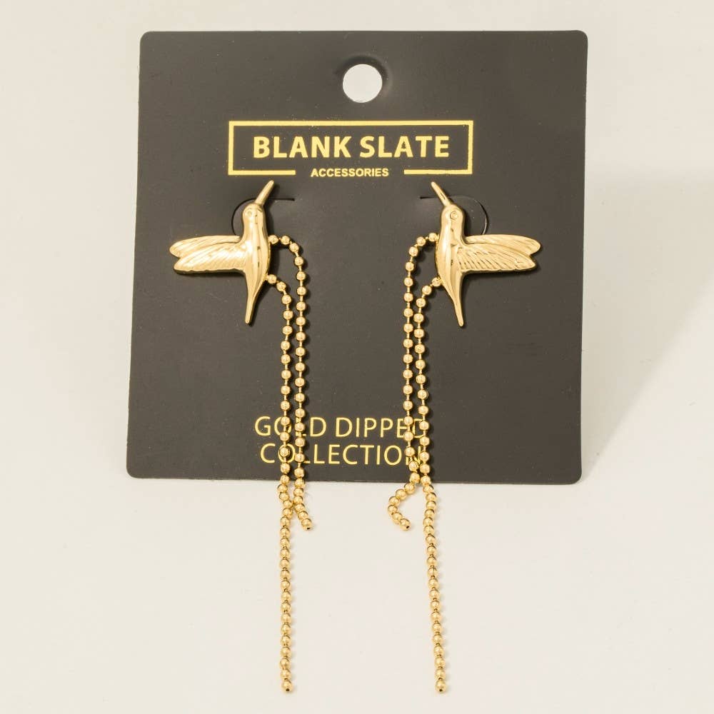 Gold Dipped Humming Bird And Chain Stud Dangle Earrings - Proper