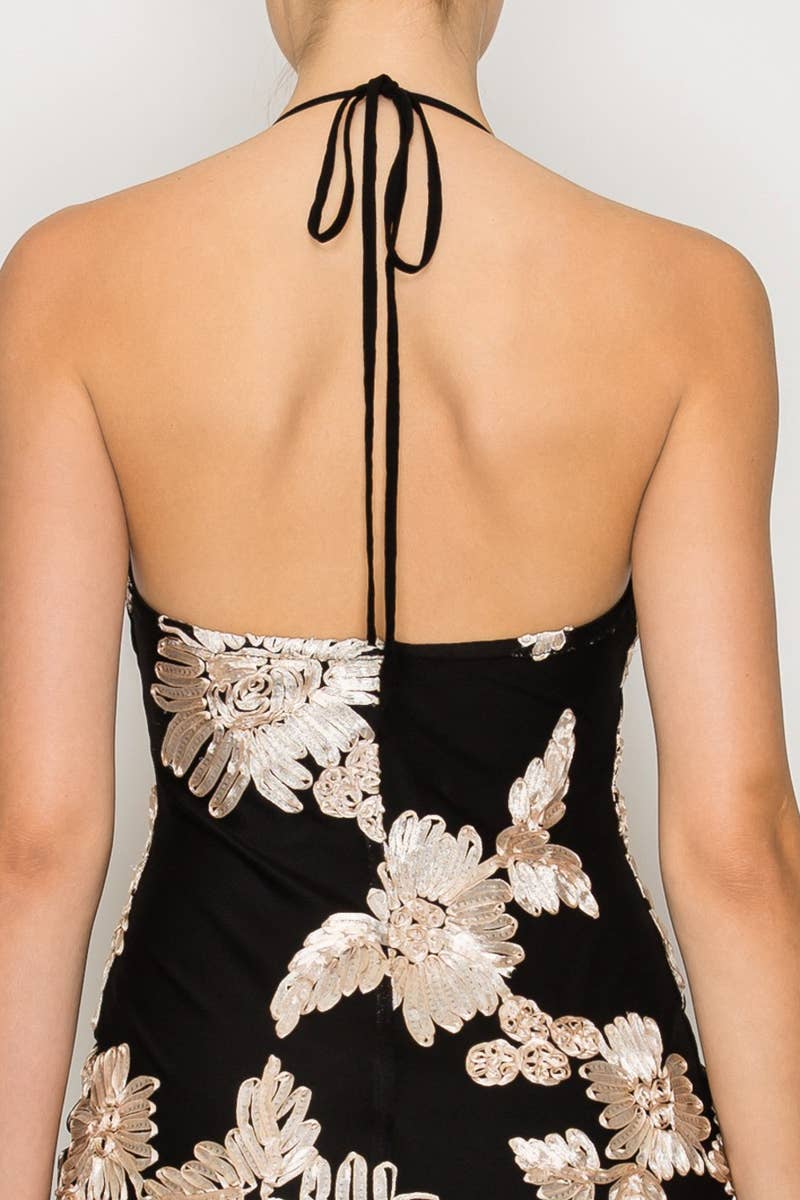 Floral Applique Halter Mini Dress - Proper