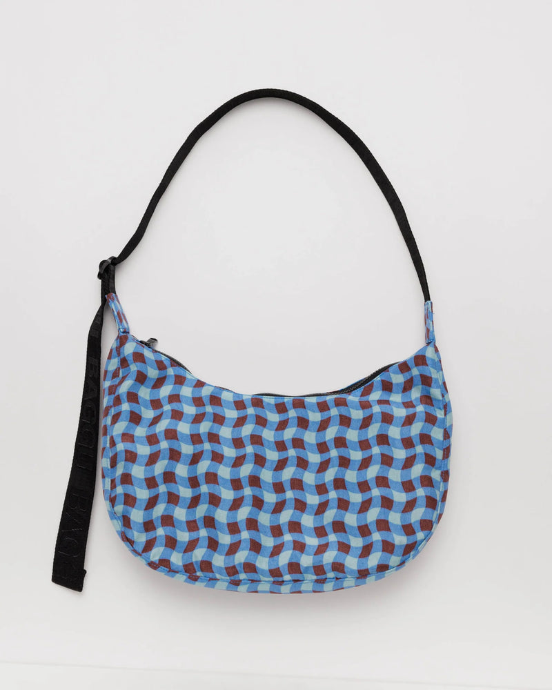 Wavy Gingham Blue Baggu Medium Nylon Crescent Bag - Proper