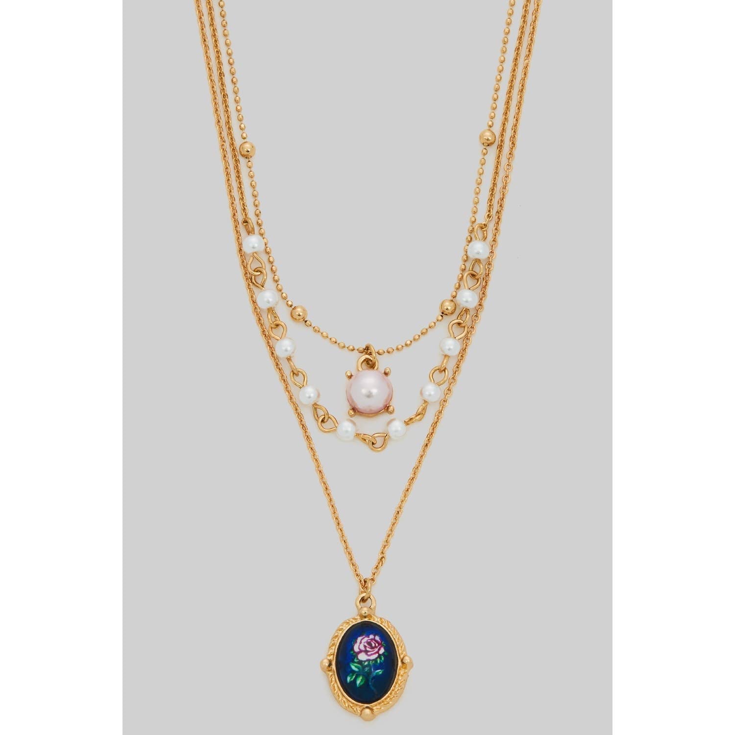 TRIPLE LAYERED PEARL AND FLORAL PORTRAIT NECKLACE - Proper