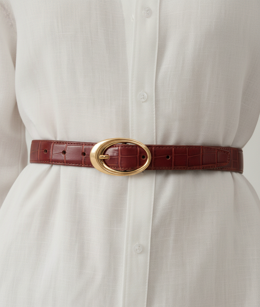 Croco Clean Stitched Belt with Oval Buckle - Proper