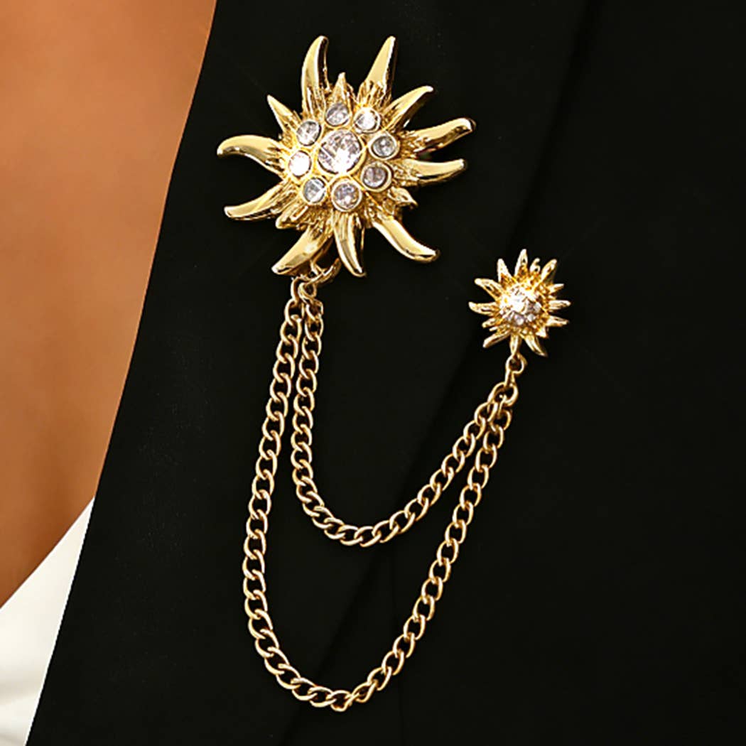 TWO PIECE DROOPING CHAIN PAVE FLOWER BROOCH PIN - Proper