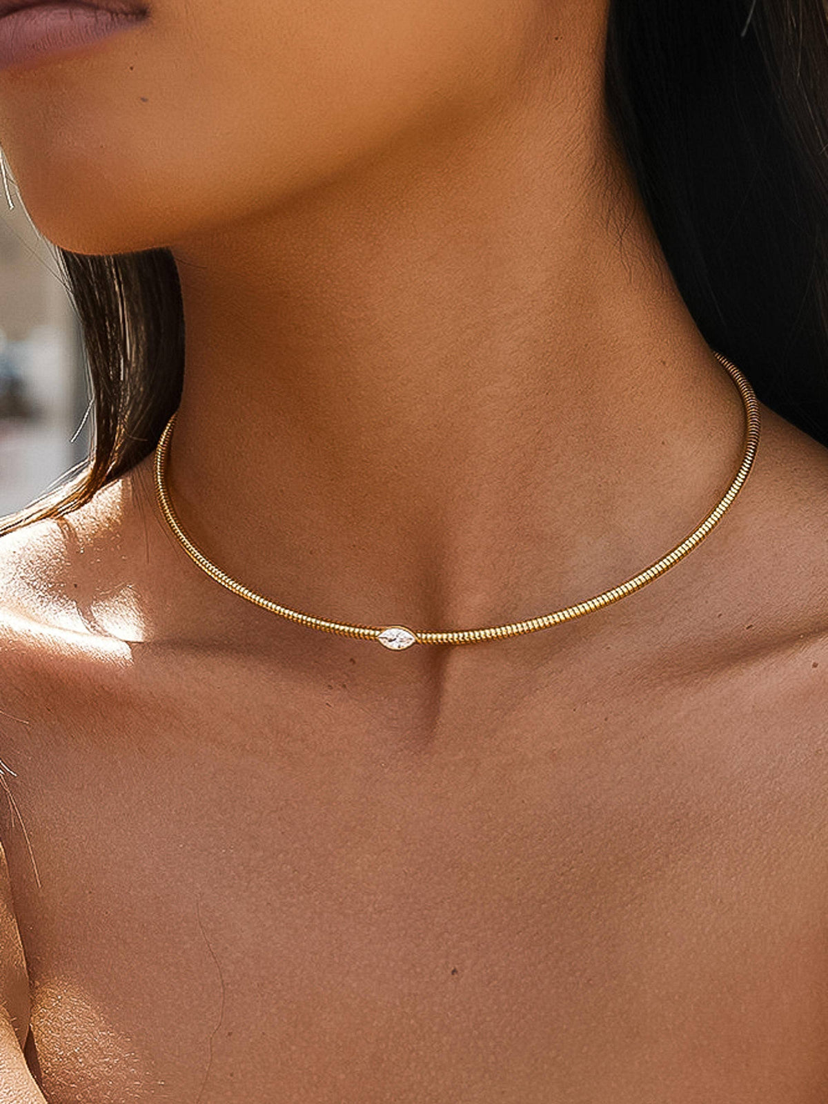 Olwen 18K Gold Non-Tarnish Marquise CZ Snake Chain Choker - Proper