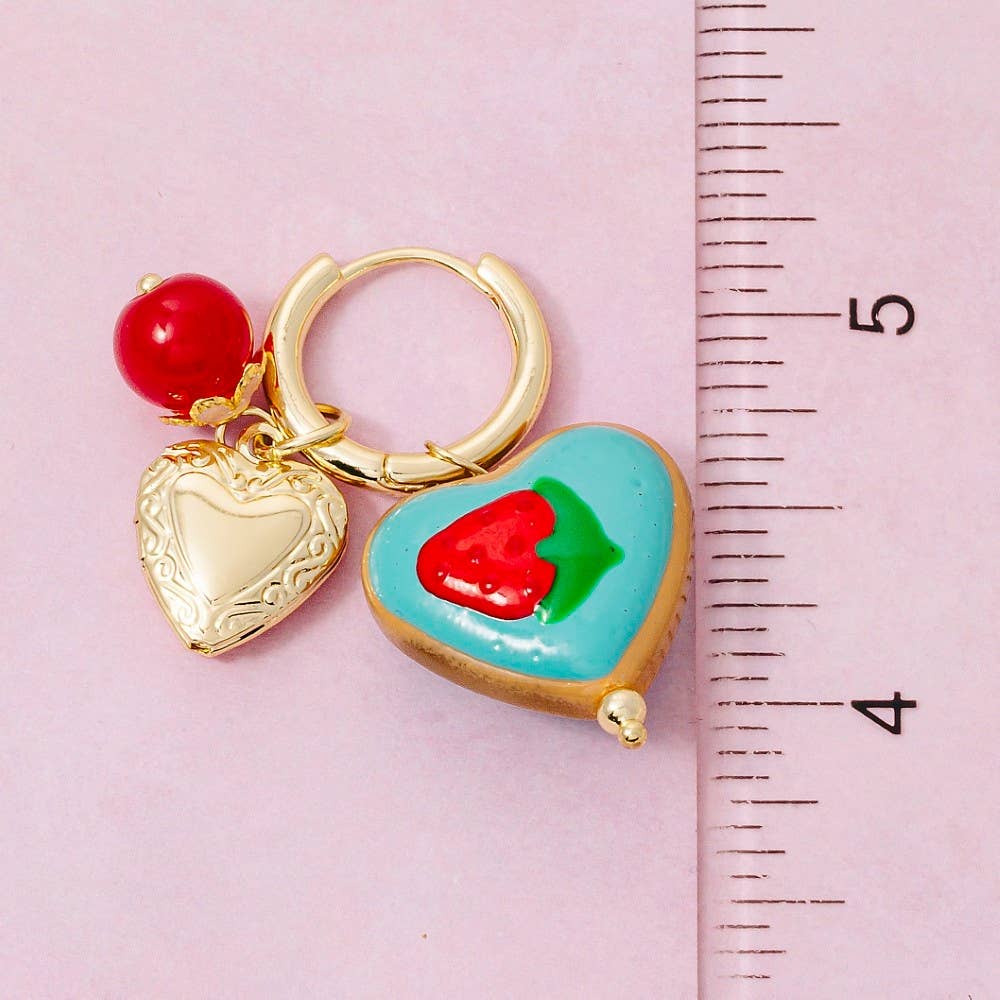 Strawberry Heart Locket And Fruit Charms Hoop Earrings - Proper