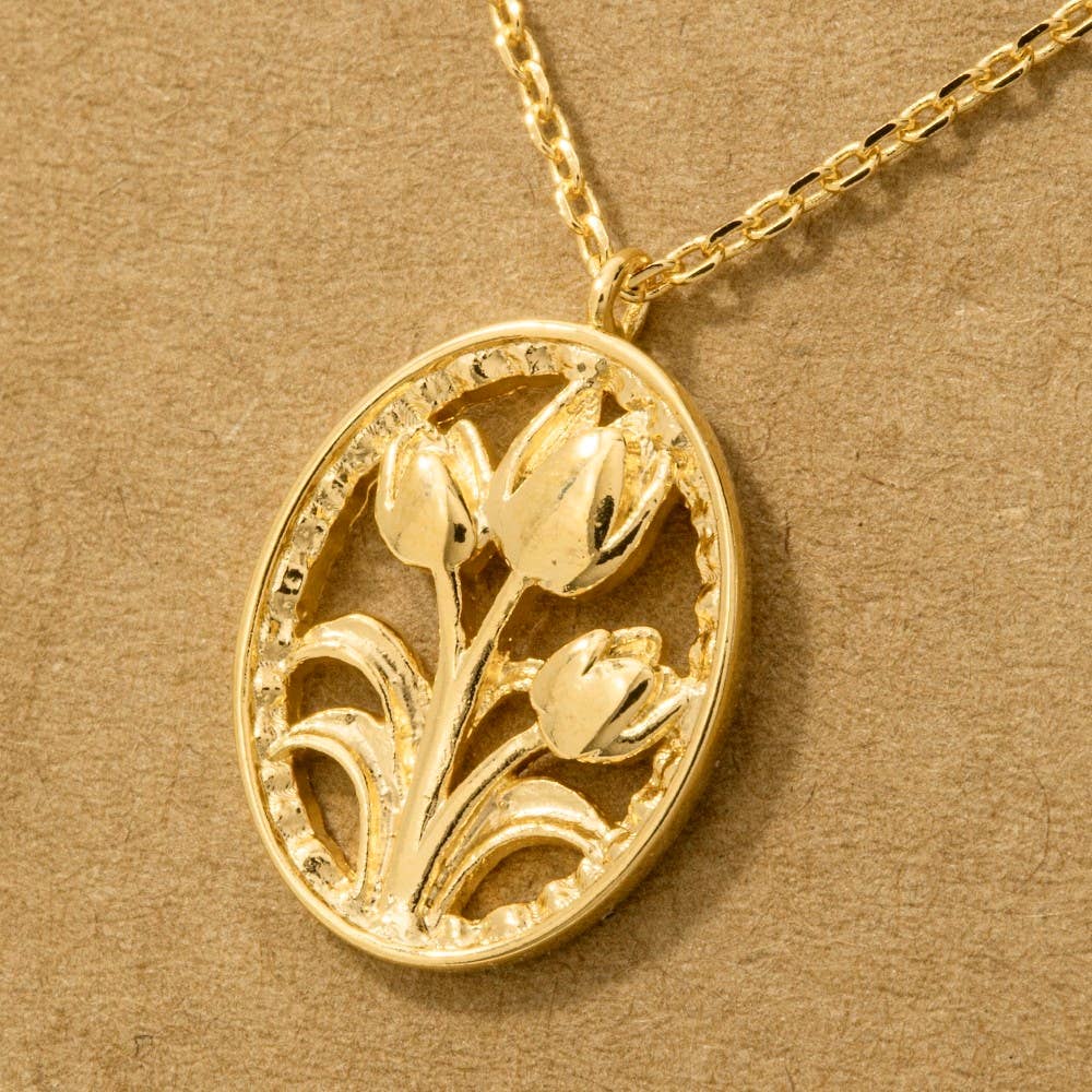 Gold Dipped Oval Tulip Coin Pendant Necklace - Proper