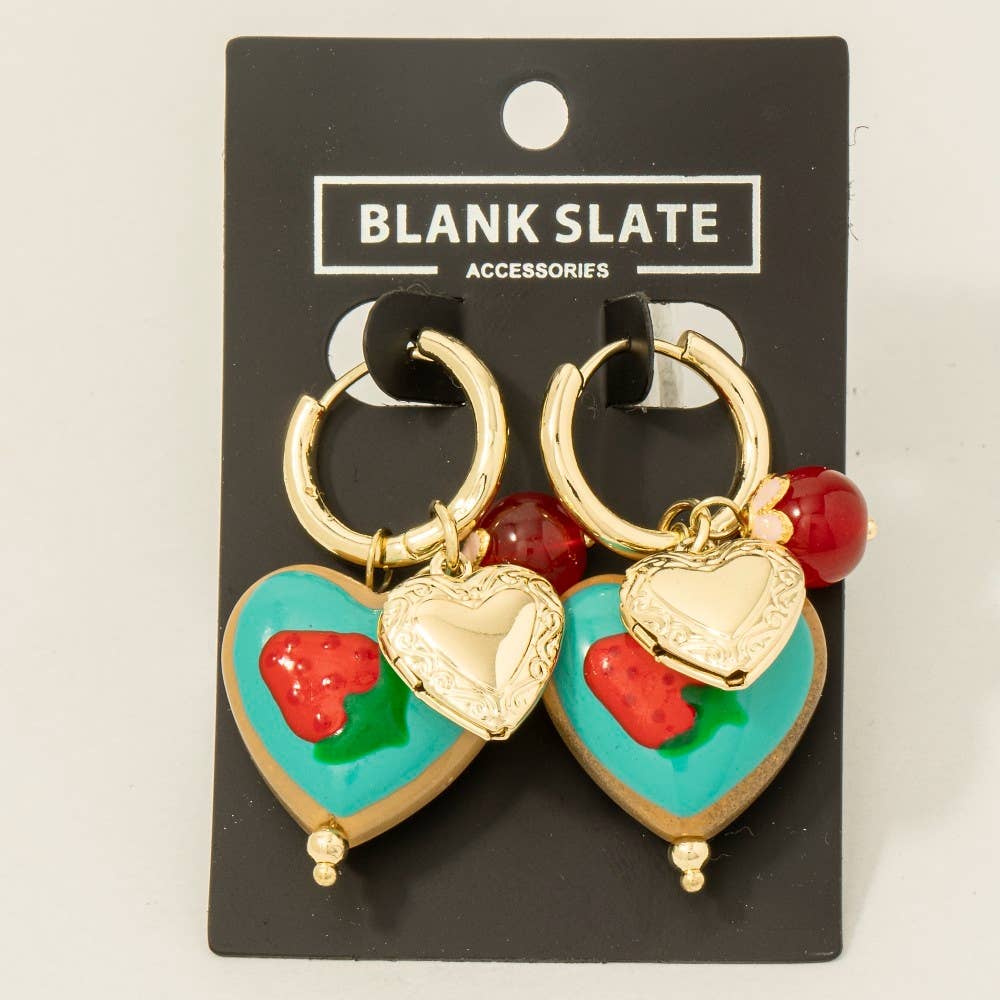 Strawberry Heart Locket And Fruit Charms Hoop Earrings - Proper