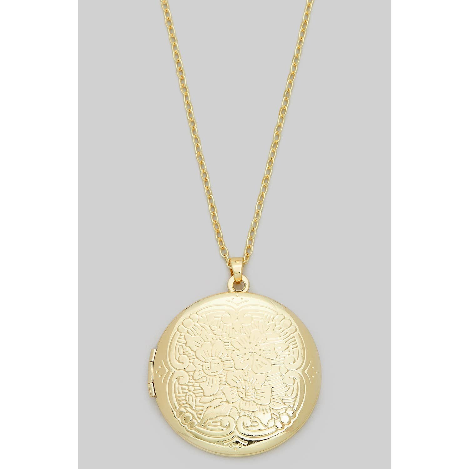 Flower Engraved Round Locket Necklace
