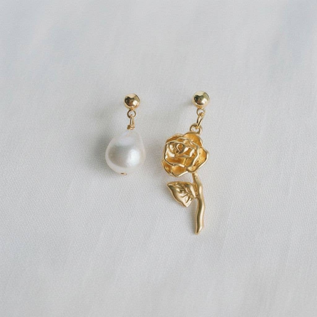 Freshwater Pearl & Rose Mismatch Earrings