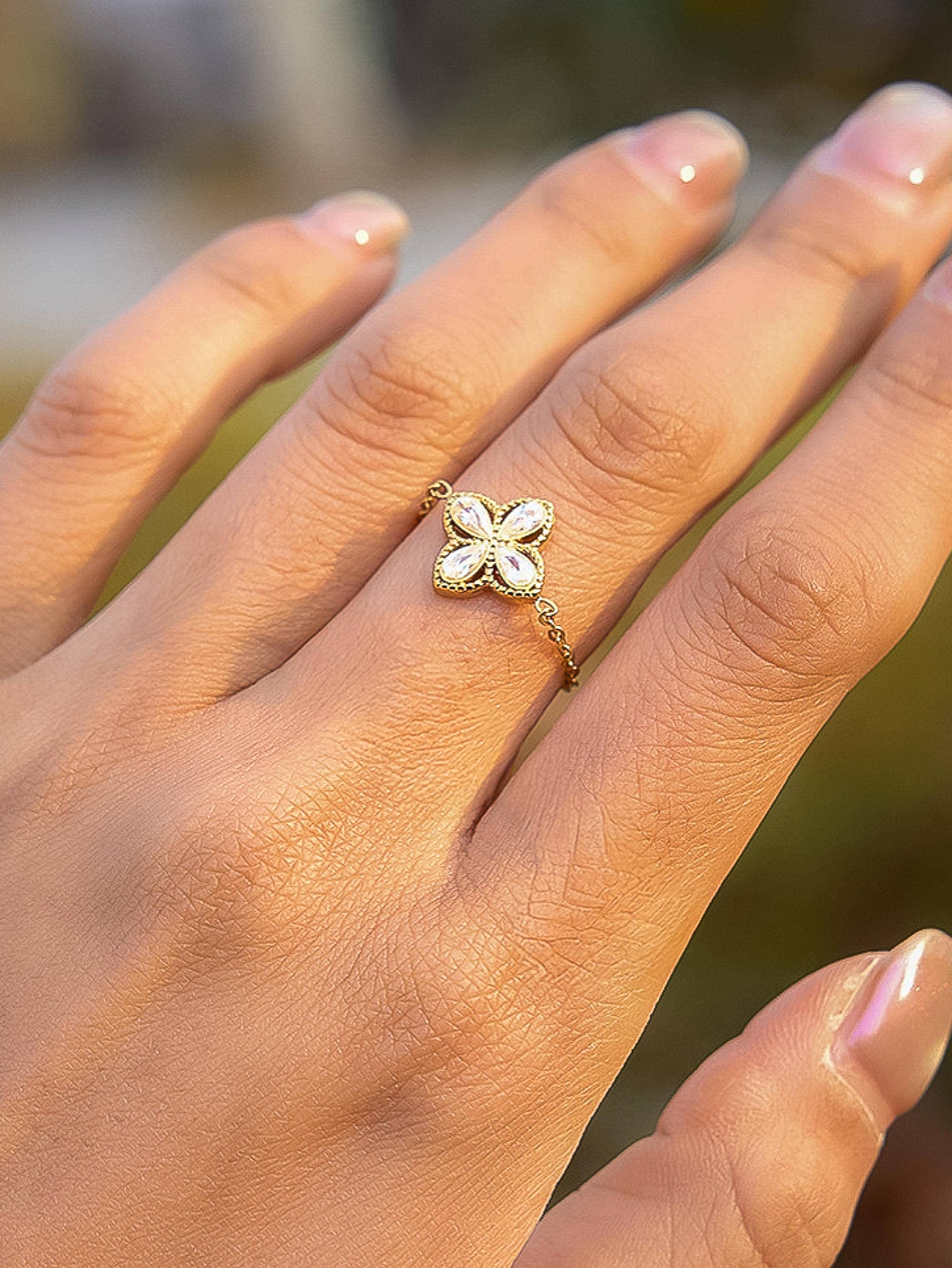 Lelandi 18K Gold Non-Tarnish CZ Floral Adjustable Chain Ring - Proper