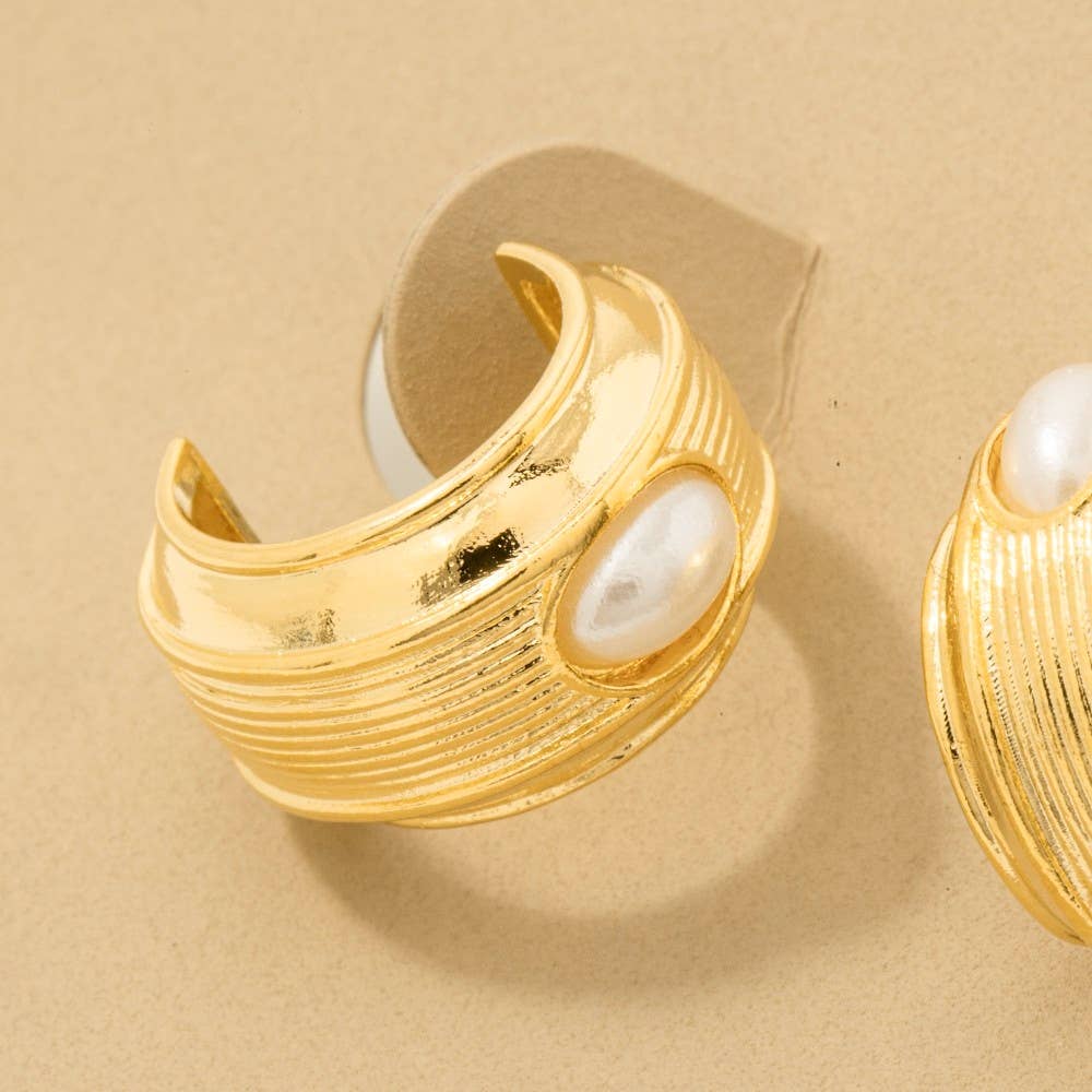 Gold Dipped Oval Pearl Stud Wide Hoop Earrings - Proper