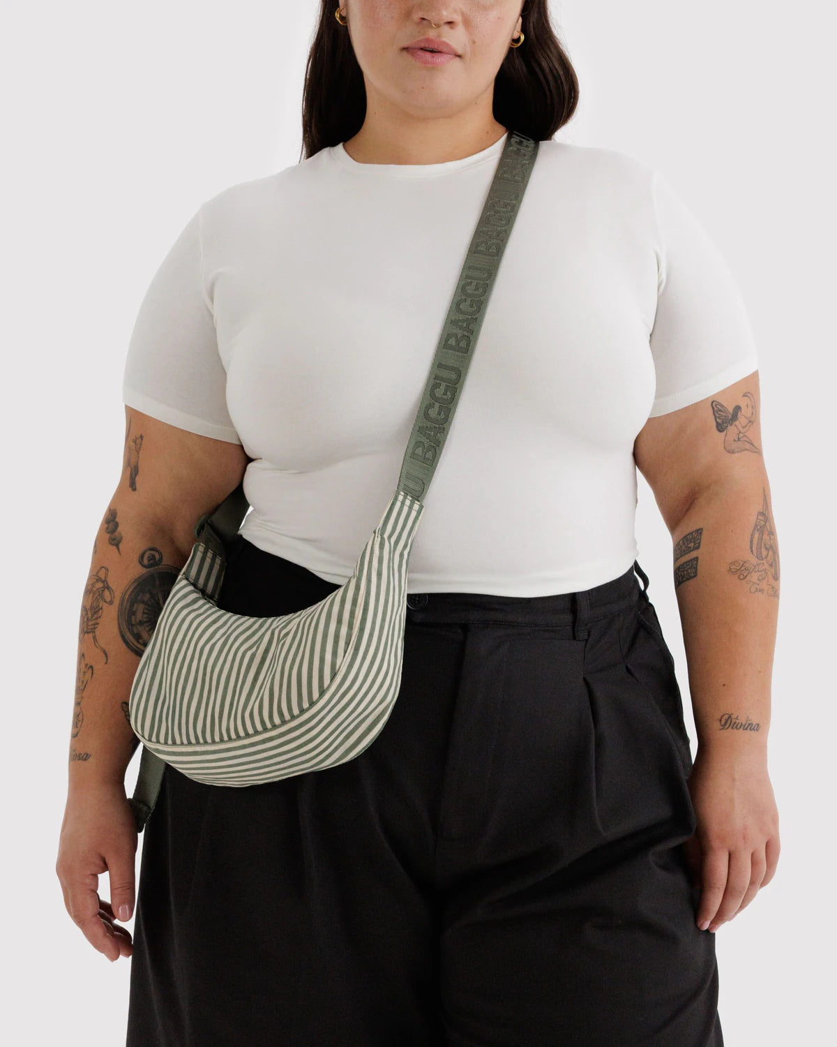 Baggu Small Nylon Crescent Bag - Sage Stripe - Proper