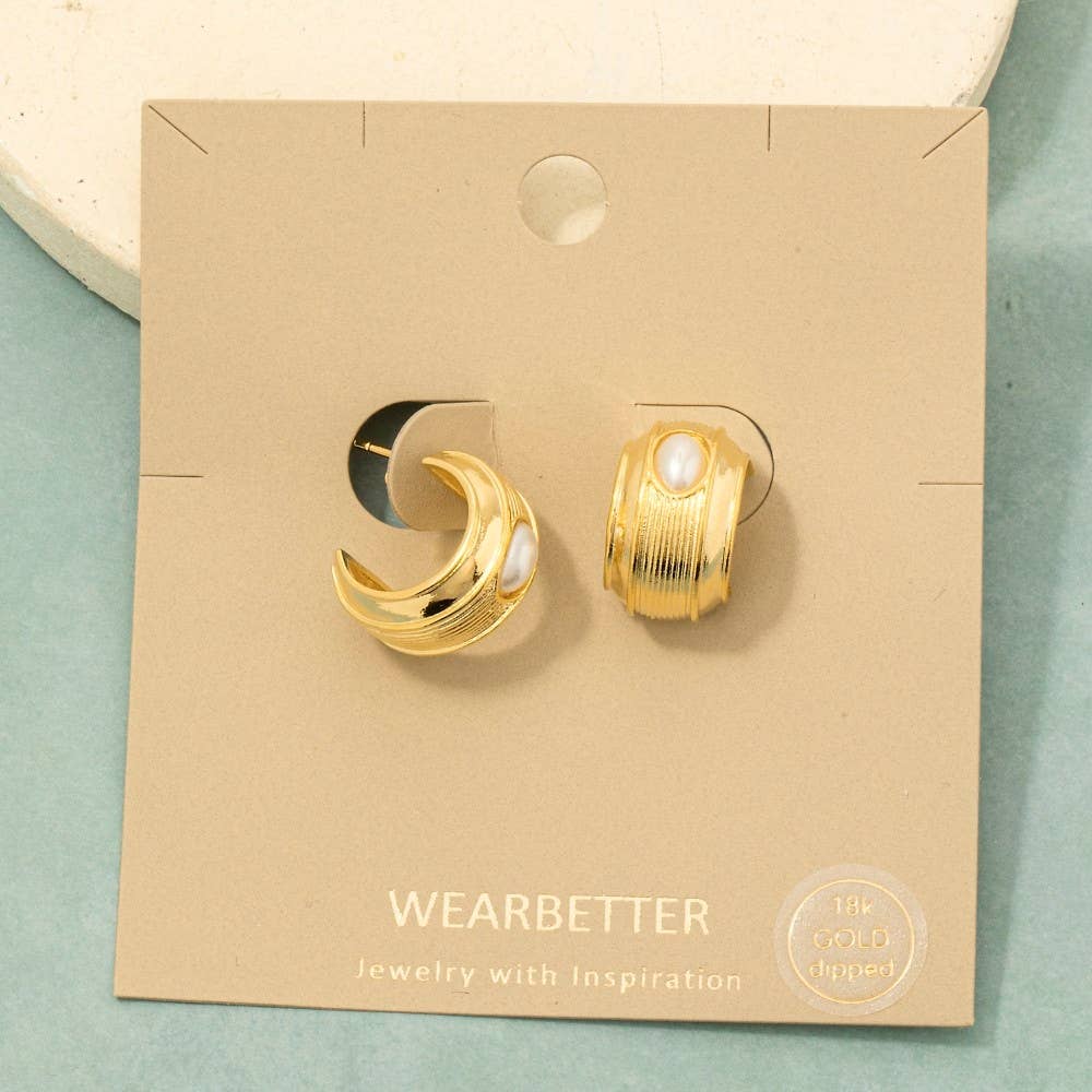 Gold Dipped Oval Pearl Stud Wide Hoop Earrings - Proper