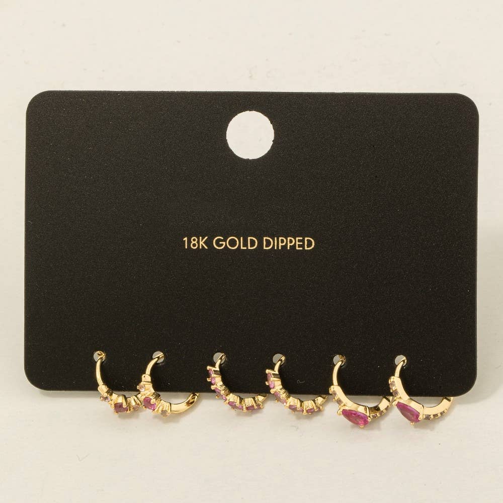 Gold Dipped Cz Gem Studs Hoop Earrings Set - Proper