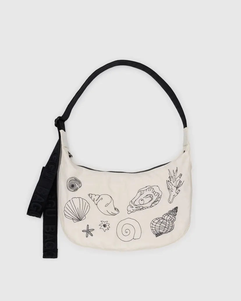 Baggu Medium Nylon Crescent Bag - Embroidered Shells