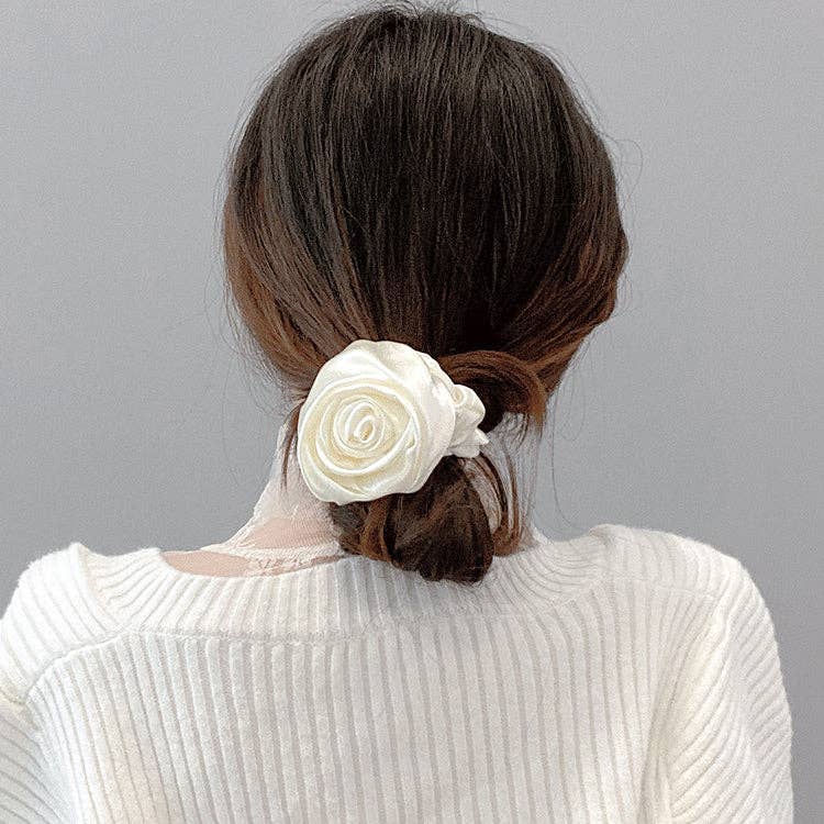 White Rosette Satin Flower Scrunchie - Proper